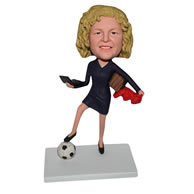 Yellow hair woman in dress with a soccer ball custom bobblehead