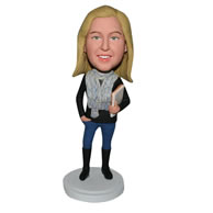 Fashion lady in black T-shirt handing with a book bobblehead