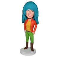 Blue hair woman in orange coat matching with jeans custom bobblehead
