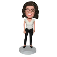 Curly hair woman in white shirt custom bobblehead