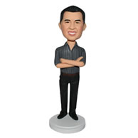 Man in dark grey T-shirt matching with black pants custom bobblehead