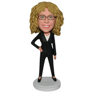 Yellow curly hair woman in black suit custom bobblehead