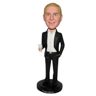 Handsome man in black suit handing with a cup custom bobblehead