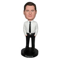 Serious man in white shirt matching with black pants custom bobblehead