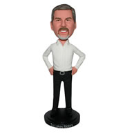 Serious man in white shirt matching with black pants custom bobblehead