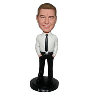 Serious man in white shirt matching with black pants custom bobblehead