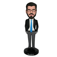 Business man in black suit matching with blue tie custom bobblehead