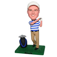 Man in blue shirt playing golf custom bobblehead