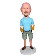 Man in blue shirt handing with two cups of beer custom bobblehead