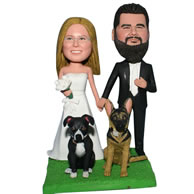 Custom  groom in black suit and bride in white wedding dress with their pet dogs bobblehead
