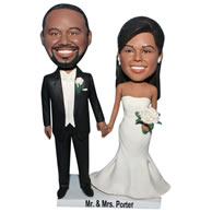 Custom groom in black suit and his bride in white wedding dress  bobble head