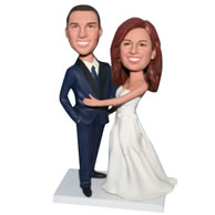 Custom groom in blue suit and bride in white wedding dress bobblehead