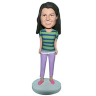 Custom long hair woman in green shirt matching with purple pants  bobblehead