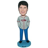 Custom free man in grey coat matching with blue pants  bobblehead