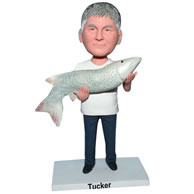 Custom man in white shirt handing a large fish  bobble head