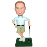 Custom man in blue stripe shirt playing golf  bobble head