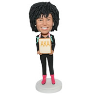 Custom black hair woman in black T-shirt  bobble head