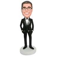 Custom handsome groomsman in black suit matching with bowknot tie bobblehead