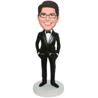 Custom handsome groomsman in black suit matching with bowknot tie  bobblehead