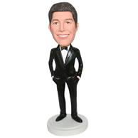 Custom handsome groomsman in black suit matching with bowknot tie bobblehead