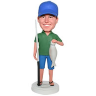 Custom blue cap fisherman handing a fish bobblehead