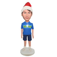 Custom man in blue shirt wearing a chiristmas cap bobblehead