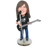 Custom long black hair man playing the guitar bobble head