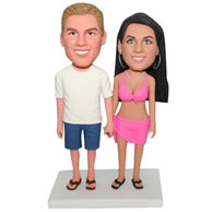 Custom husband in white shirt and wife in rose bikini  bobblehead