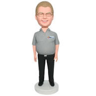 Custom smiling glasses man in grey shirt  bobble head