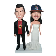 Custom groom in black suit and bride in white wedding dress bobblehead