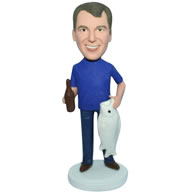 Custom man in blue shirt handing with a fish and a bottle bobblehead