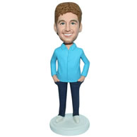 Custom man in blue T-shirt matching with blue pants  bobblehead