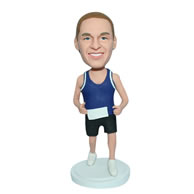 Custom running man in blue vest and black shorts bobblehead