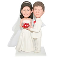 Custom groom in white suit and bride in white wedding dress  bobblehead