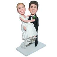 Custom groom in black suit carrying his bride in white wedding dress  bobblehead