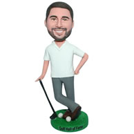 Custom man in white shirt playing golf bobble head