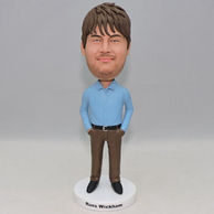 Custom blue shirt and brown pants man bobblehead