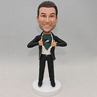 Custom black suit bobblehead with own logo on shirt