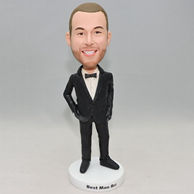 Custom boss bobblehead with black shirt hands on pocket