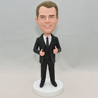 Personalized black suit man boss bobblehead with thumbs up