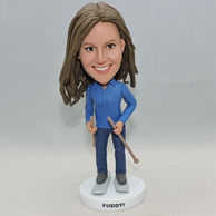 Personalized young girl skier bobblehead dark blue pants