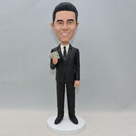 Custom black suit boss bobblehead with money on hand