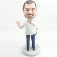 White shirt bobblehead with a hand in pocket and one hand say hi