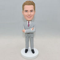 Custom business men bobblehead in handsome suit with hands crossed