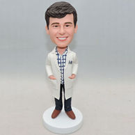 Customized men bobblehead in a white coat with two hands inside pocket