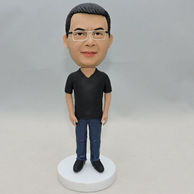 Personalized men bobblehead in a black shirt and a glass