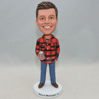 Custom men bobbleheads with a cup holding in plaid shirt