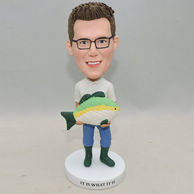 Personalized Bobbleheads holding colorful Fish On Hand