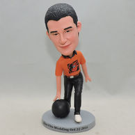 Custom man bobblehead play the ball in orange shirt and black pants