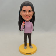 Personalized Woman Bobbleheads holding microphone with purple shirt